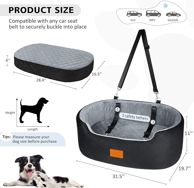 Dog Car Seat for Medium Dogs Up to 50 lbs, Pet Booster Seat for Cars SUVs and Trucks, Travel Dog Bed with Safety Strap, Thick Cushion, Non-Slip Base, Washable and Portable(Black/Gray-PawvioPets