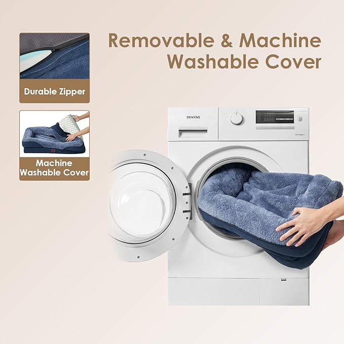 EHEYCIGA Memory Foam Dog Bed for Large Sized, Orthopedic Dog Sofa with Sides and Waterproof Liner, Washable Bolster Pet Couch with Removable Cover, 36x27x7 Inch, Navy-PawvioPets