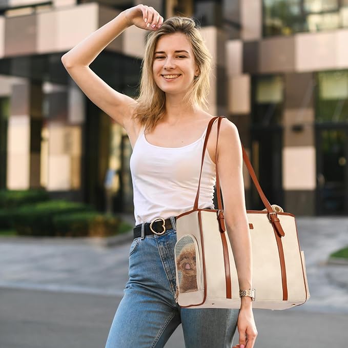 Fashion Dog Purse Pet Carrier Leather Bag for Small Dogs Cats Puppy, Portable Tote Bag Airline Approved Soft-Sided Carriers (Beign)-PawvioPets