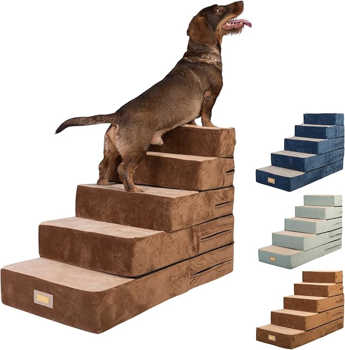 All-in-One Adjustable Dog Stairs – 5-Step Premium Pet Ramp for Small to Large Dogs – Sturdy, Non-Slip & Versatile for Beds, Sofas & More - Soft Cover, Modern Design (Brown)-PawvioPets