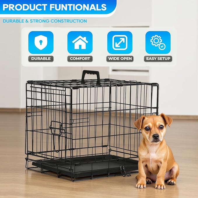 FDW Dog Crate for Small Dogs 18 Inch Folding Metal Wire Pet Cage Double Door W/Divider Panel Indoor Outdoor Kennel Leak-Proof Plastic Tray,Black-PawvioPets