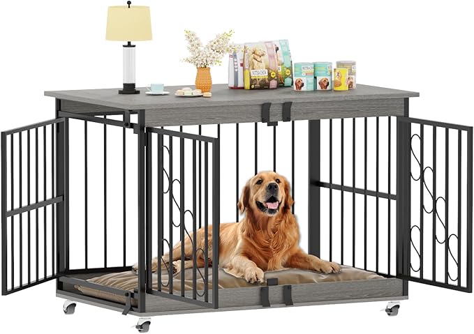 COZPAW Dog Crate Furniture, 48 Inch Dog Crates for Medium/Large Dogs, Farmhouse Wood Dog Kennel Indoor Heavy Duty Dog Cage with Caster Wheels (Gray)-PawvioPets