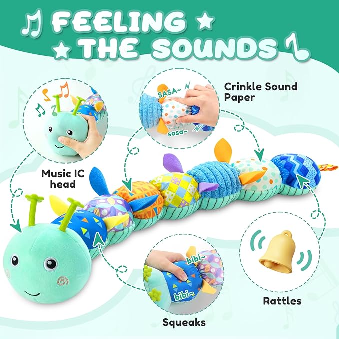 Baby Toys 0 to 12 Months, Musical Stuffed Animal Activity Soft Toy with Multi-Sensory Crinkle, Rattle and Textures, Infant Tummy Time Toys for Newborn Boys Girls, Caterpillar, Blue-PawvioPets