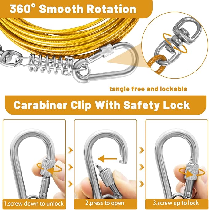 Dog Tie Out Cable - 10/15/20/25/30FT Heavy Duty for Large Dogs Up to 250LBS - Rosy Pink/Blue/Purple/Silver/Red/Green/Yellow-PawvioPets