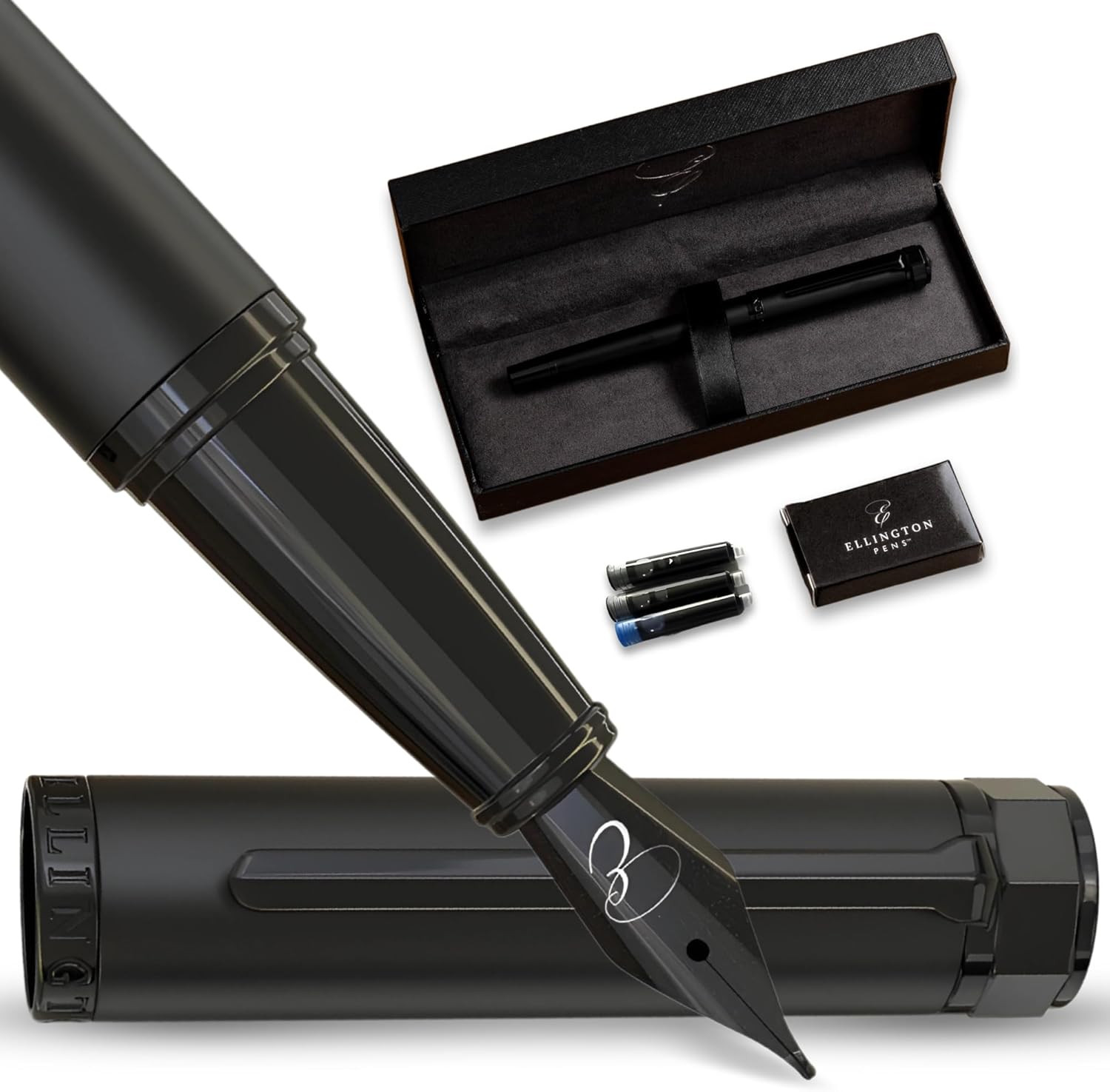 Ellington Pen Luxury Fountain Pen Set - Fountain Pens For Writing - Smooth Medium Nib - Includes Refillable Ink Converter, 3 Ink Cartridges, Gift Box - Calligraphy, Journaling, Sketching (The Stealth)