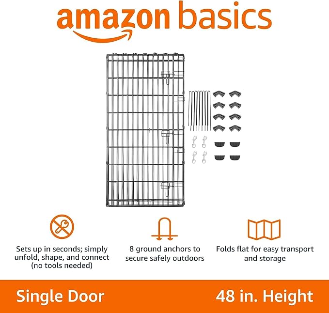 Amazon Basics Foldable Octagonal Metal Exercise Dog Playpen - Indoor/Outdoor, Single Door, Extra Large (8 Panels, 24 x 48), Easy to assemble and store customize, 48" - X-Large, Black-PawvioPets