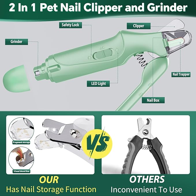Dog Nail Clippers & Cat Nail Clipper with Catcher, 2 in 1 Dog Nail Trimmers & Grinder with Light for Large Small Dogs Cats,Silent Groom Pro Claw Trimmer, Rechargeable Dogs Nails Grinder Quiet-PawvioPets