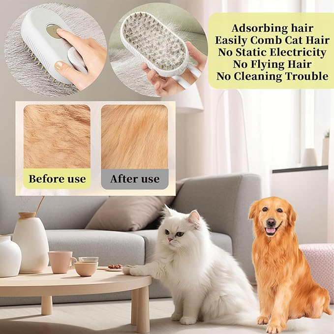 4-in1 Cat Steam Brush for Shedding & Grooming, Spray Hair Removal Comb with 1 Waterless Shampoo, Cat Brush for Massage, Pet Grooming Comb Hair Removal Tool for Cats and Dogs-PawvioPets