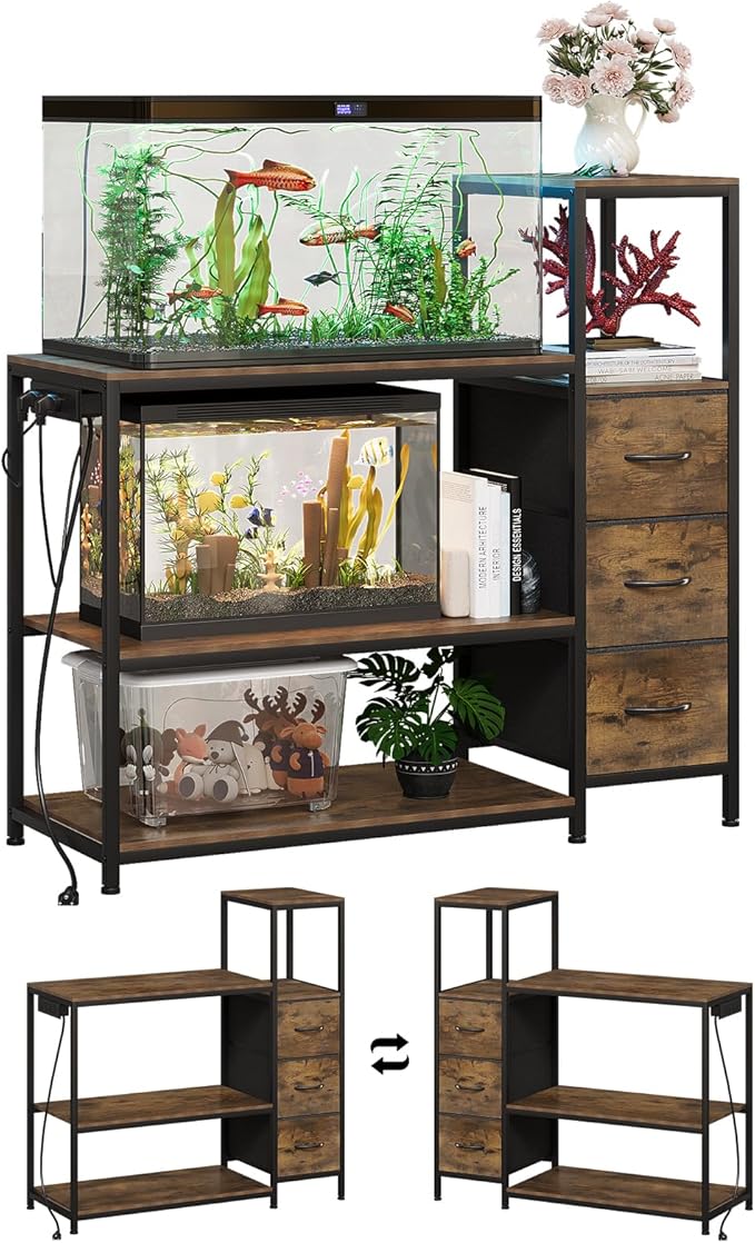 20 Gallon Aquarium Stand with Power Outlets Fish Tank Stand with 3 Drawers Metal Frame Heavy Duty Reptile Tank Stand with 3-Tier Storage Shelves,Left/Right Assembly, Adjustment Height-PawvioPets