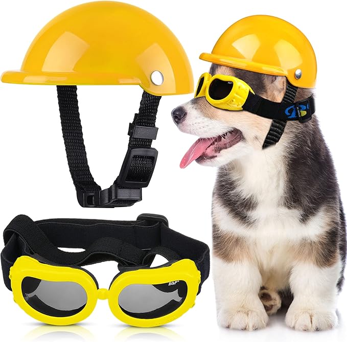 Frienda Dog Helmet and Goggles, UV Protection Doggy Sunglasses and 4 Inch Padded Puppy Motorcycle Helmet Adorable Dog Goggles with Adjustable Belt for Small Dogs Puppy Riding(Yellow,S)-PawvioPets