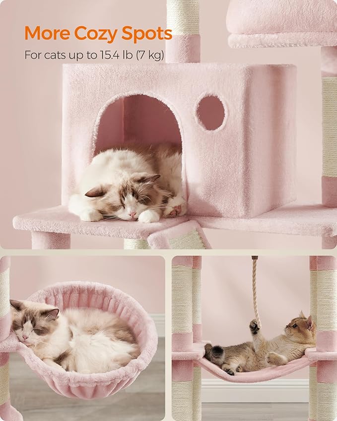 Feandrea Cat Tree, 81.1-Inch Large Cat Tower with 13 Scratching Posts, 2 Perches, 2 Caves, Basket, Hammock, Pompoms, Multi-Level Plush Cat Condo for Indoor Cats, Jelly Pink UPCT190P01-PawvioPets