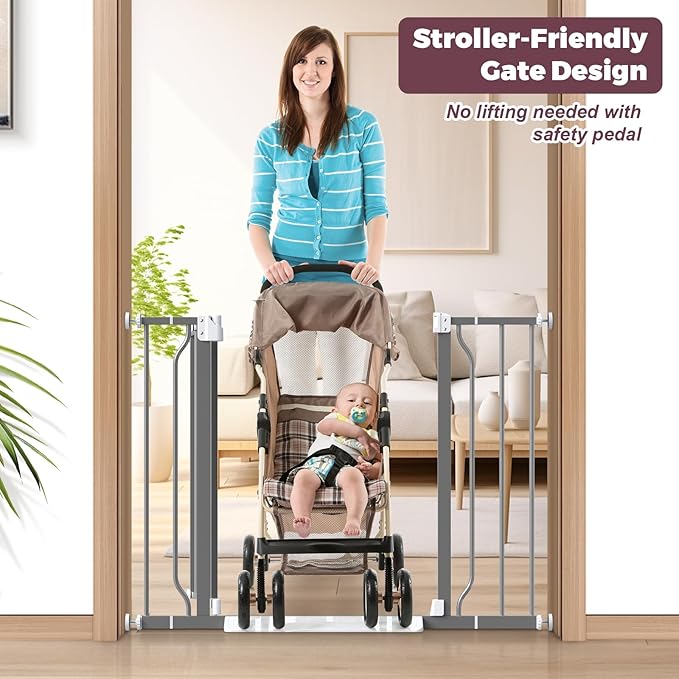 29"-40" Baby Gate for Stairs, Auto Close Stroller Friendly Dog Gate Indoor for Doorways, Pressure Mounted Baby Gate, Easy Walk Through Gate for Children & Pets, Grey-PawvioPets