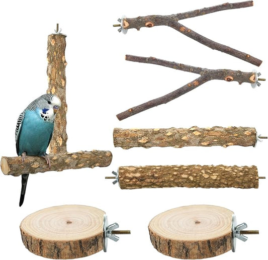 Bird Perch Stand, Pole Standing Natural Wood Bird Perch Set 7PCS Paw Grinding Fork Parrot Cage Branch with Rope Cage Accessories Toys for Parakeets, Cockatiels, Conure, Budgies-PawvioPets