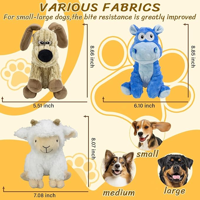 3Pack Squeaky Stuffed Dog Toys- Indoor&Outdoor Playing Toys for Large to Small, Durable Plush Toys to Keep Them Busy- Animal Shape Crinkle Toy-PawvioPets