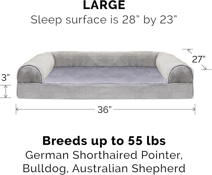 Furhaven Cooling Gel Dog Bed for Large/Medium Dogs w/ Removable Bolsters & Washable Cover, For Dogs Up to 55 lbs - Faux Fur & Velvet Sofa - Smoke Gray, Large-PawvioPets