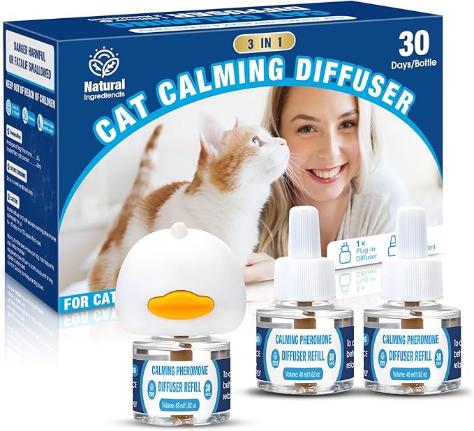 Cat Calming Pheromones Diffuser: 3-in-1 Kit Cat Appeasing Pheromone Diffuser to Calm (1 Plugin+2x48ml Refills) for Comfort Reduces Stress Anxiety, Long-Lasting Appeasing Pheromone for Pet Cat (3in1)-PawvioPets