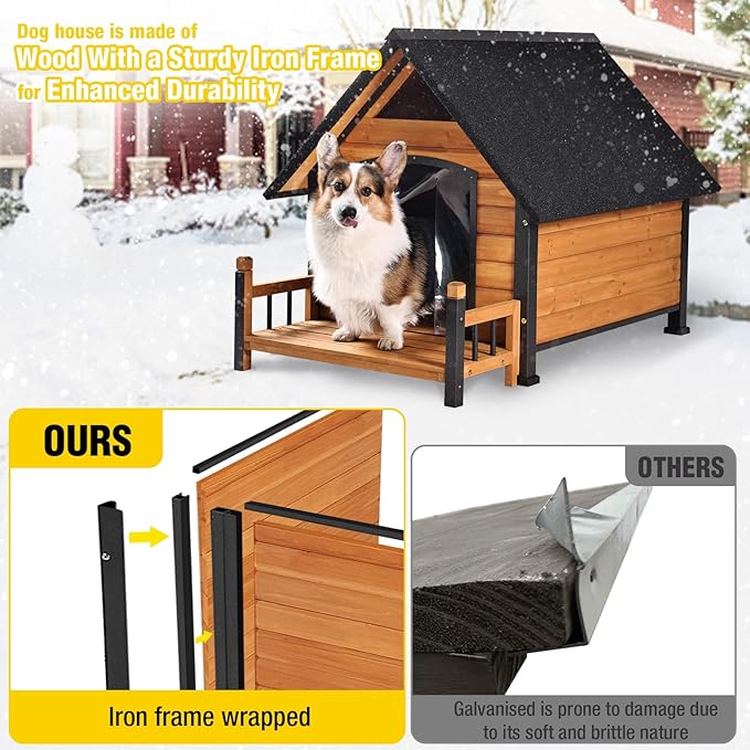 AIVITUVIN Outdoor Dog House Insulated Liner with Anti-Chewing Iron Surround Dog Kennel Dog Shelter Weatherproof (Brown, 45" D x 32.9" W x 32.6" H)-PawvioPets
