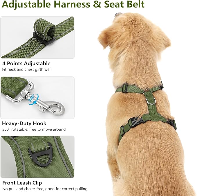 Dog Seat Belt Harness for Car, Dog Car Harness Adjustable Mesh Breathable & Dogs Seatbelt Safety Tether with Elastic Bungee for Small Medium Large Pets(Army Green, L)-PawvioPets