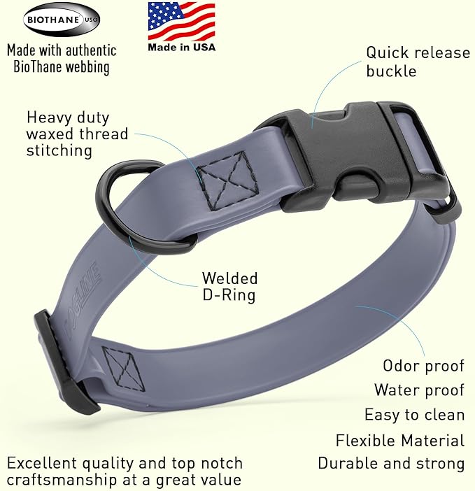 Dogline Biothane Waterproof Dog Collar with Quick Release Buckle Strong Coated Nylon Webbing with Odor- Proof for Easy Care Easy to Clean Fits Small Medium Large Dogs, Grey 5/8" W 9-14" L-PawvioPets