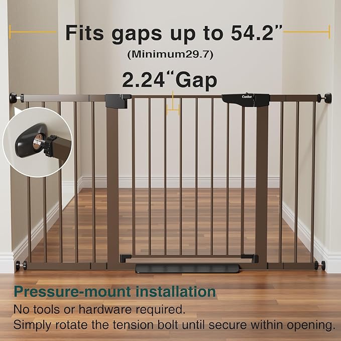 Cumbor 29.7-54.2" Wide Baby Gate for Stairs, Mom's Choice Awards Winner-Self Closing Dog Gate Indoor for Doorways, No Drilling Pressure Mounted Pet Gates for Kids, Easy Walk Through Safety Gate, Brown-PawvioPets