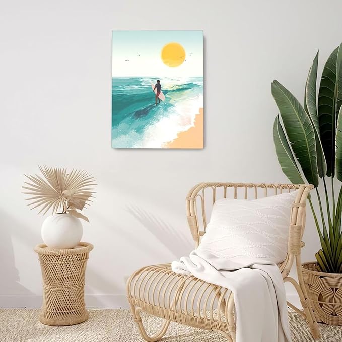 Beach Surfing Wall Art Ocean Coastal Wave Canvas Wall Decor Summer Nature Seascape Pictures Painting Print Framed Artwork Decorations for Bathroom Living Room Office Bedroom 16"x20"-PawvioPets