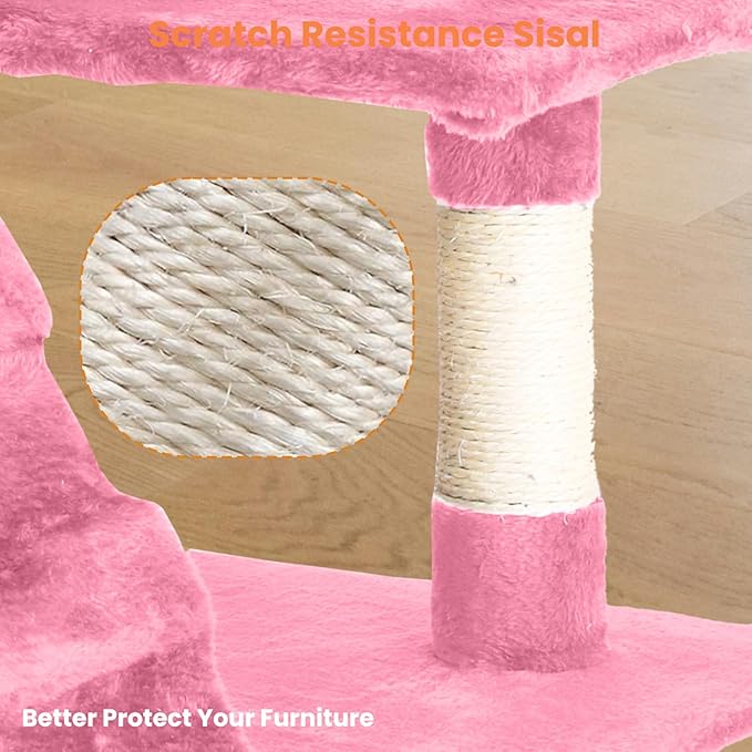 54.7 inches Cat Tower for Indoor Cats, Multi-Level Cat Condos with Scratching Posts, Hanging Toys, Pink-PawvioPets