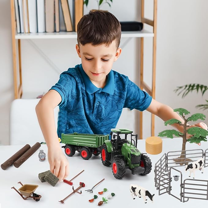 Farm Animal Tractor Toys Playset-16.5 Inches Tractor with Trailer Fence,Farmer,Tree,Cow,Farm Toy Set for Boys Girls Kids Toddlers Age 3-7 Years Old-PawvioPets