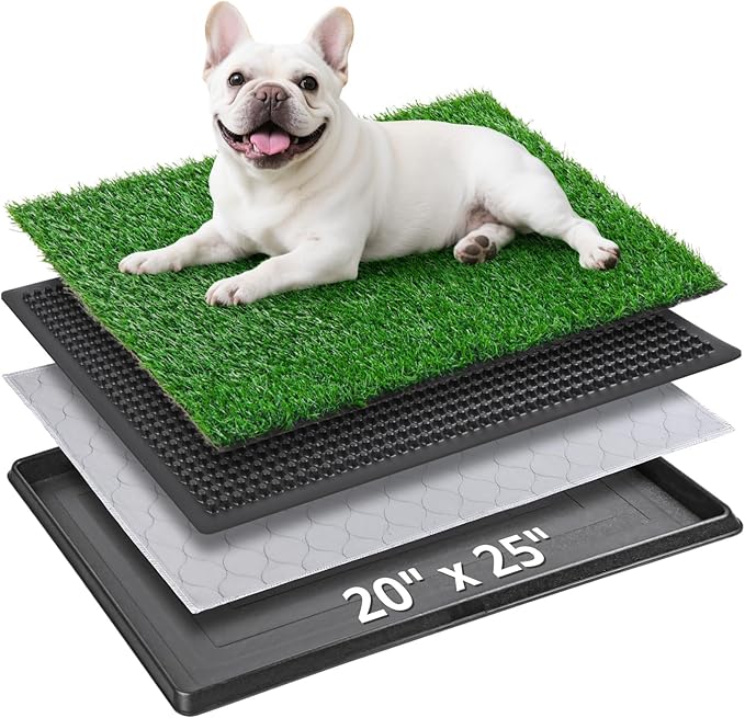 Dog Grass Pet Loo Indoor/Outdoor Portable Potty, Dog Litter Box, Artificial Grass Patch Bathroom Mat and Washable Pee Pad for Puppy Training, Full System with Trays (Pet Training Tray, 20"x25")-PawvioPets