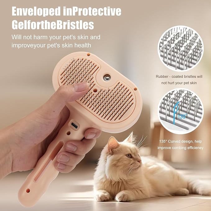 3-in-1 Pet Steam Brush, Grooming Comb with Water Tank for Cats and Dogs, Long and Short Hair (Pink)-PawvioPets