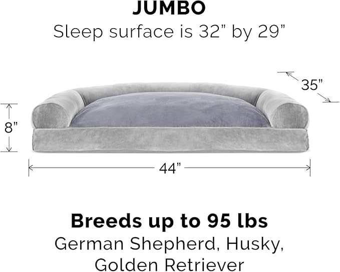 Furhaven Pillow Dog Bed for Large Dogs w/ Removable Bolsters & Washable Cover - Faux Fur & Velvet Sofa - Smoke Gray, Jumbo/XL-PawvioPets
