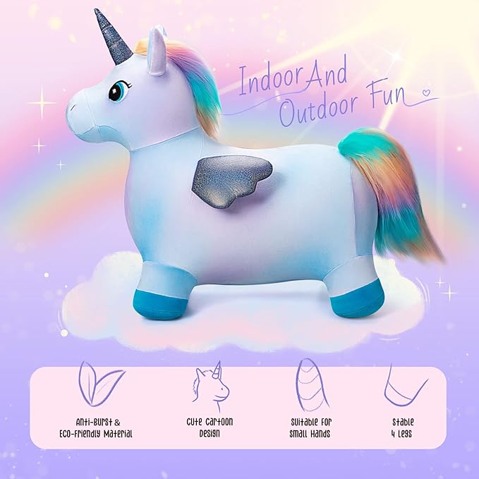 EVERICH TOY Unicorn Bouncy Horses Inflatable Plush Hopping Toy Bouncing Hopper Animals for Toddlers,Outdoor&Indoor Bouncy Animals for Toddlers,Gift for 18 Months 2 3 4 Year Old (W/Pump)-PawvioPets