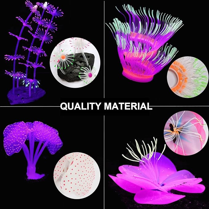 4 Pack Silicone Glowing Fish Tank Decorations Plants,Aquarium Fish Tank Glow Ornaments,Artificial Sea Anemone Coral Decor with Glowing Effect for Glow Fish Aquarium-PawvioPets