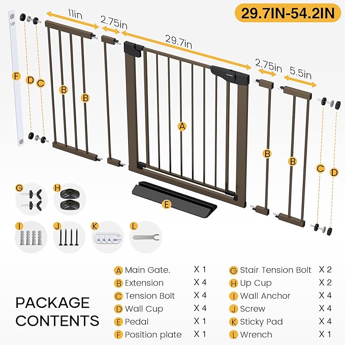 Cumbor 29.7-54.2" Wide Baby Gate for Stairs, Mom's Choice Awards Winner-Self Closing Dog Gate Indoor for Doorways, No Drilling Pressure Mounted Pet Gates for Kids, Easy Walk Through Safety Gate, Brown-PawvioPets