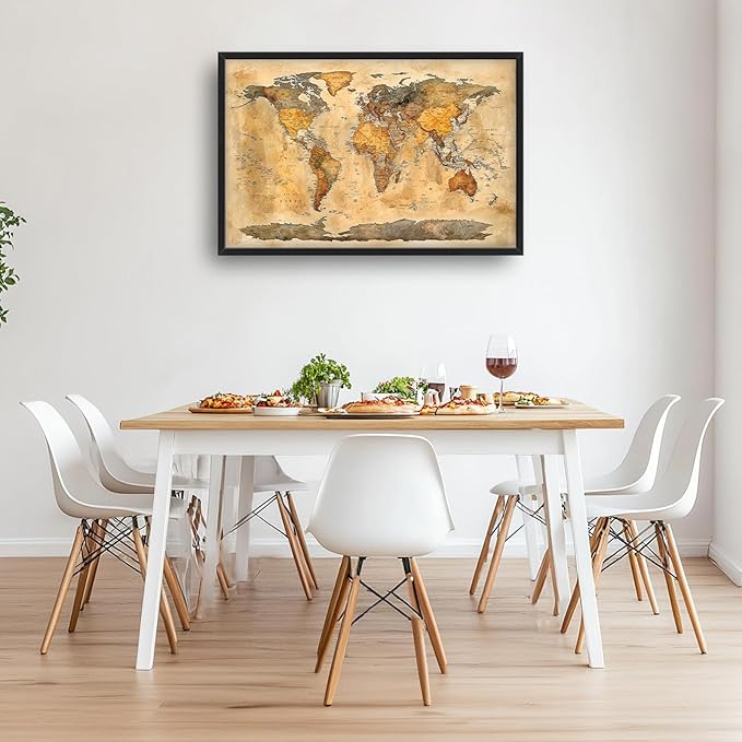 Extra Large World Map Framed Wall Art for Living Room,Oversized Vintage Map of The World Pictures Wall Decor,Canvas Print Painting Modern Artwork Bedroom Office Bathroom 36L" x 24W"-PawvioPets