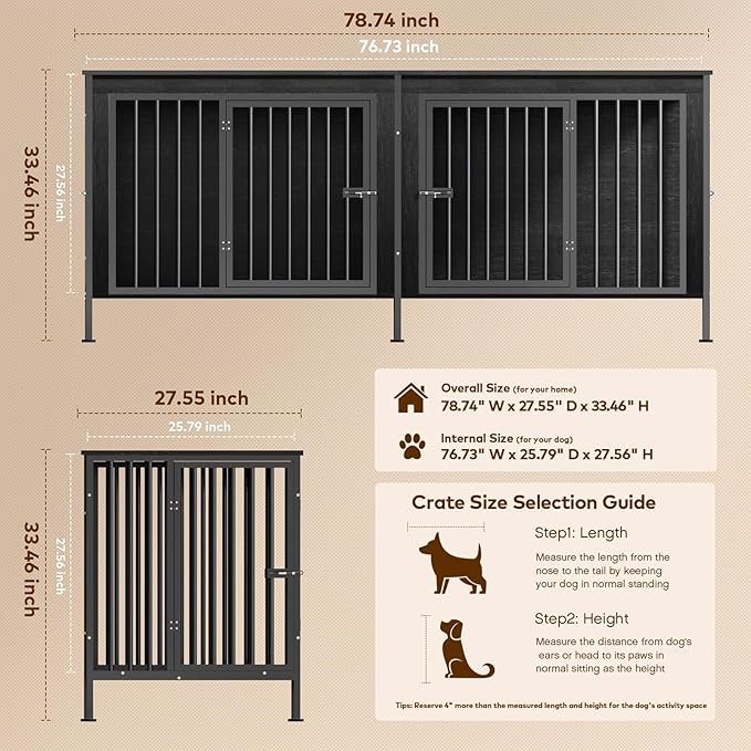 78 Inch Dog Cage Furniture for 2 Large/Medium Dogs with Removable Divider, Extra Large Double Doors Dog Kennel, XXL Thick Wooden Dog cage Furniture, Durable and Sturdy, Dark Grey-PawvioPets