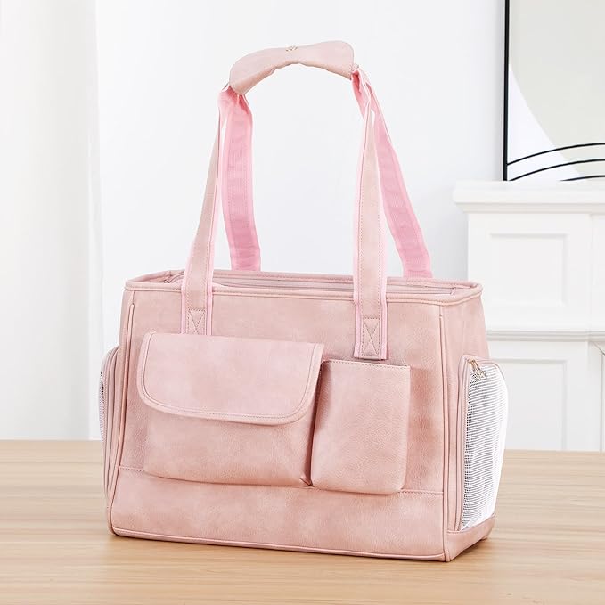 Dog Carrier Purse, Fashion Leather Pet Carrier Bag, Airline Approved Soft Sided Cat Travel Tote Bag with Pockets Pink-PawvioPets