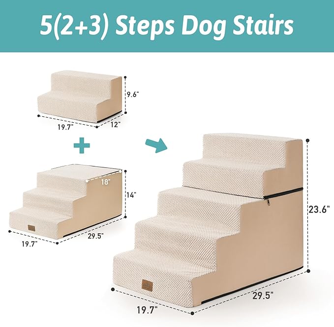 Dog Stairs for Small Dogs, 5 Tier Removable Wider Pet Stairs for Couch and Bed, 23.6" H Non-Slip Dog Steps for Puppies and Old Cats with Support Board, 29.5x19.7x23.6 inch, Beige-PawvioPets
