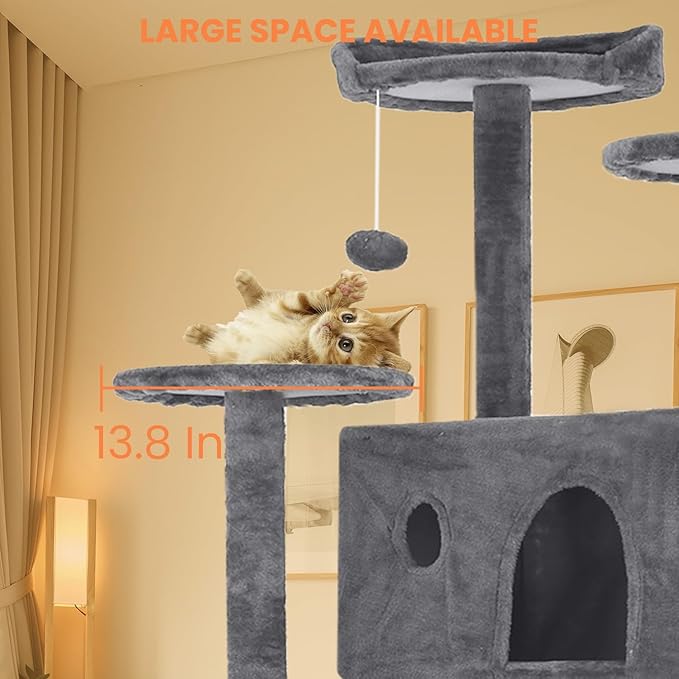 54.7 Inches Cat Tower for Indoor Cats, Multi-Level Cat Condos with Scratching Posts, Hanging Toys, Light Gray-PawvioPets