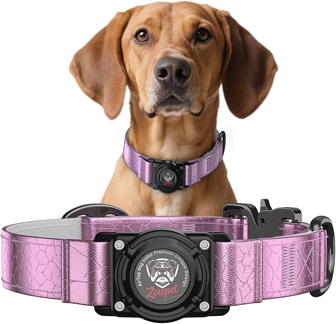 AirTag Dog Collar - Leather Dog Collar with Airtag Holder | IP68 Waterproof AirTag Holder with Metal Buckle, Comfortable GPS Dog Collars Tracker for Medium Large Dogs (Rose Gold, XL)-PawvioPets