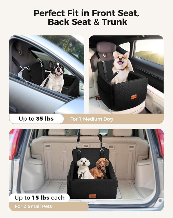 Dog Car Seat for Small & Medium Dogs Under 35lbs, Detachable & Washable Pet Car Seat, Interior Height 6 Inches Pet Travel Bed with Storage Pockets and 2 Dog Safety Belts (Black)-PawvioPets