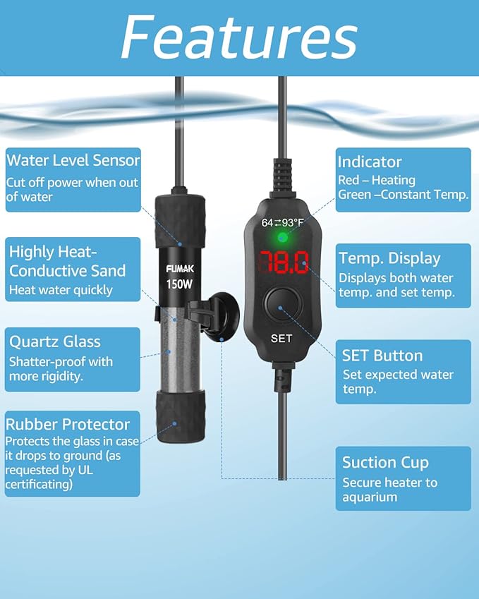 150W Adjustable Aquarium Heater Super Short Submersible Fish Tank Heater Fish Heater with LED Digital Display Thermostat, for Tanks 15-30 Gallons-PawvioPets