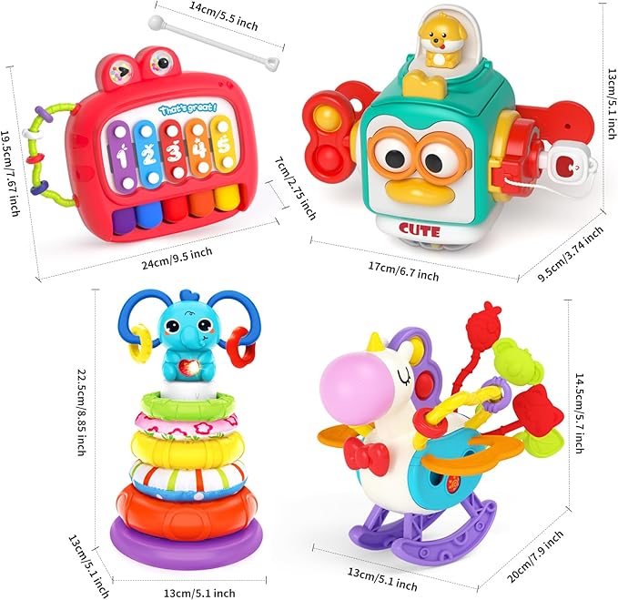 4 in 1 Baby Toy for 6 9 12 18 Month, Learning Toys for Babies 6-12 Months, Baby Busy Cube, Stacking Sorter, Pull String & Piano Xylophone Travel Toy, Birthday Gift for 1 2 Year Old-PawvioPets