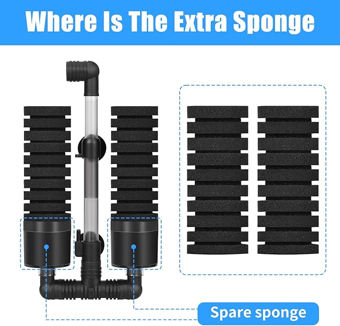 AQUANEAT Aquarium Air Powered Sponge Filter with Ceramic Media Balls, for Betta Fry Shrimp Fish Tank, with 2 Spare Sponges, up to 55Gal-PawvioPets