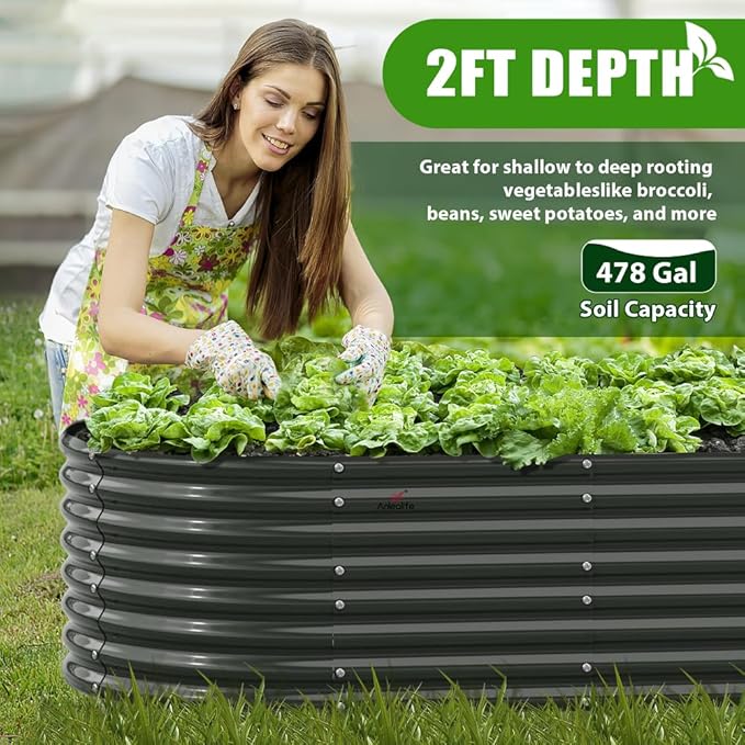 A ANLEOLIFE 8x4x2ft Galvanized Raised Garden Bed Kit, Oval Metal Deep Root Planters for Outdoor Plants Vegetables Flowers Herb, Large Bottomless, 478 Gallon Capacity- Quartz Grey-PawvioPets
