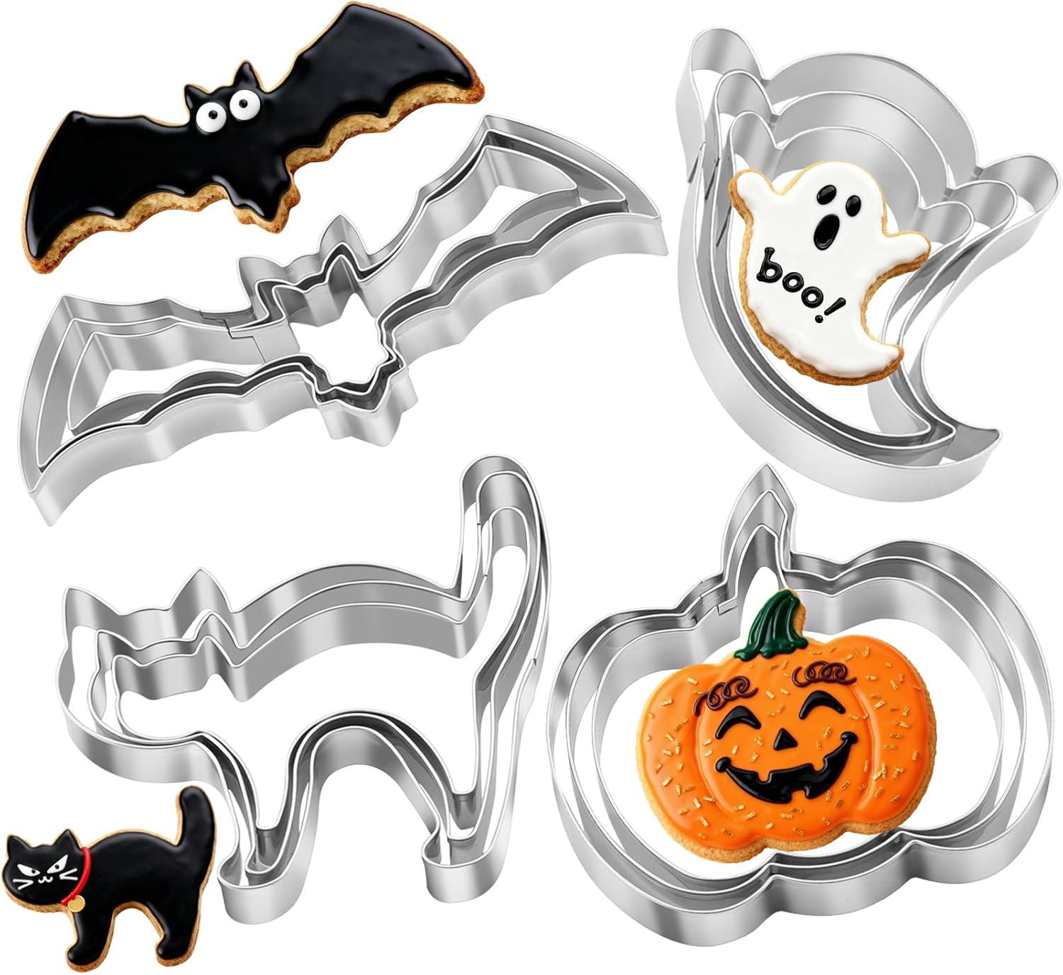 Halloween Cookie Cutters Set 12 Pcs, Stainless Steel Holiday Cookie Cutters Shape, 5.15” Bat, 3.54” Pumpkin, 3.34” Ghost, 3.5” Cat, Various Sizes Cute Cutters for Halloween Baking Party Decorations