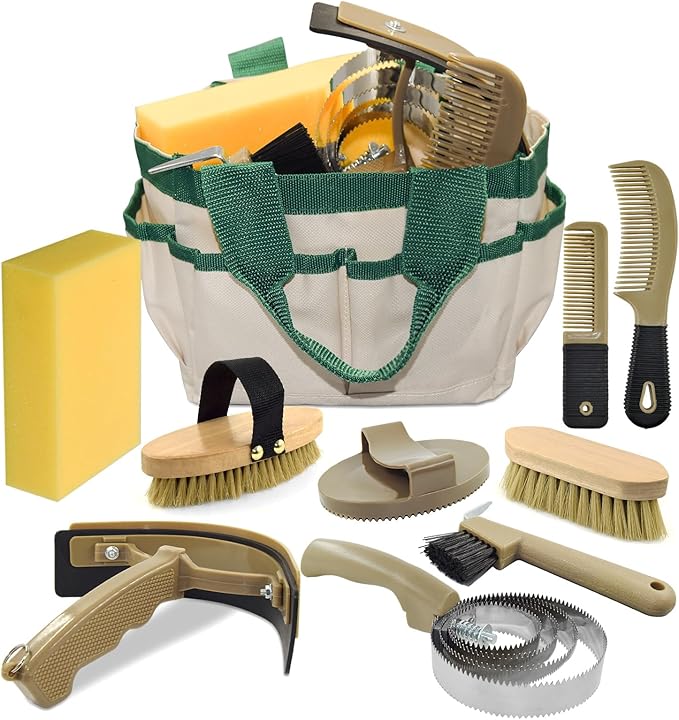 9 Pieces Horse Grooming Kit, Tack Room Supplies Set with Tote Bag, Horse Brush Set for Effective Cleaning and Bathing, Professional Equine Coat Care Kit for Horse Riders Beginner-PawvioPets