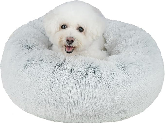 Best Pet Supplies Round Donut Dog Bed with Plush Faux Fur Fabric, Calming, Anti-Anxiety Cushion for Indoor Pets, Slip-Resistant Base, Soft Ergonomic Support - Light Warm Gray, 20x20x6''-PawvioPets