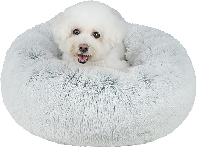 Best Pet Supplies Round Donut Dog Bed with Plush Faux Fur Fabric, Calming, Anti-Anxiety Cushion for Indoor Pets, Slip-Resistant Base, Soft Ergonomic Support - Light Warm Gray, 30x30x8''-PawvioPets