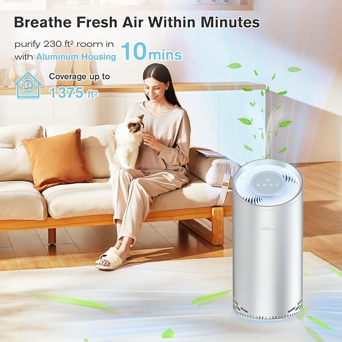 Aluminum Housing Air Purifiers for Home Bedroom Cover 1375ft². Washable Pre-Filter HEPA Air Purifier for Pets Hair Dander Odors, Filter 99.99% Smoke Dust Dander Pollen, Night Light Sleep Mode-PawvioPets