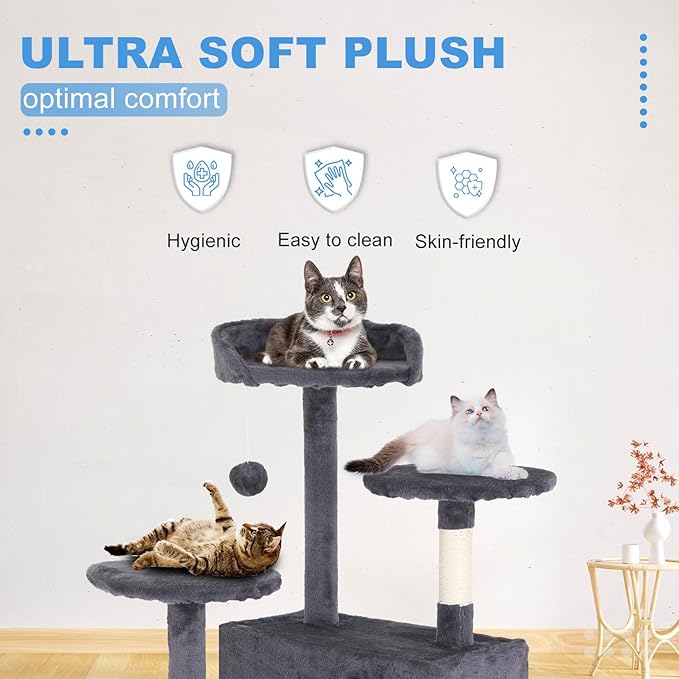 FDW Cat Tree 54in Cat Tower Multi-Level Durable Cat Scratching Post & Cozy Fun Cat Jumping Platform Space Saving Cat Condo Pet Play House for Indoor Cats,Ashy-PawvioPets